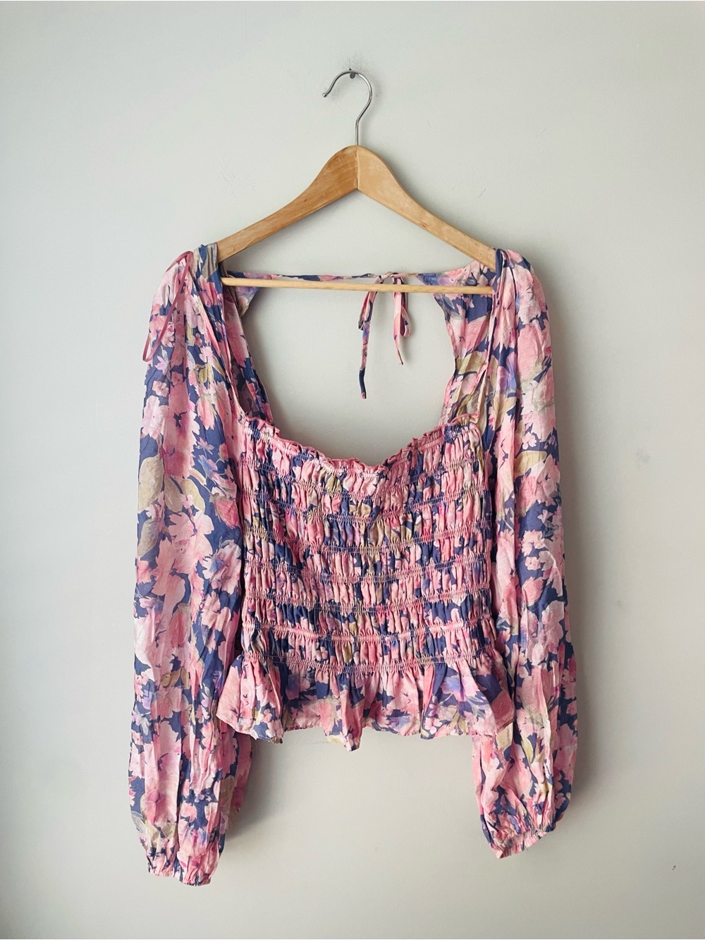 ASTR The Label Smocked Floral Peasant Top - Pink Blue